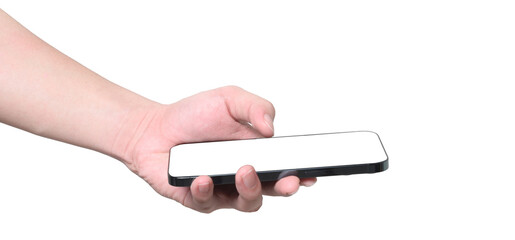 adult hand are delivering or submit mobile , man scan new smartphones blank screen. isolated on white background