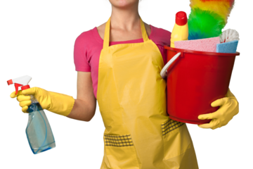 Woman in Apron with Bucket of Cleaning Supplies - Isolated
