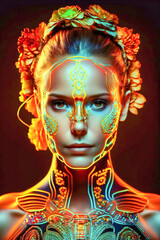 Neon light spiritual portrait of a woman, decorated with flowers. Illustration created with generative AI tools.