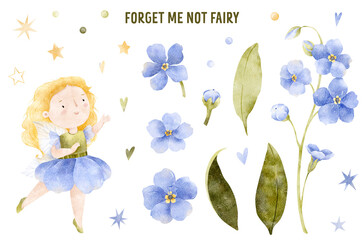 Forget me not flower watercolor illustration. Cute fairy clip art. Nursery kid illustration. Floral greenery botanical graphic set. Nature leaf girl collection. Spring summer illustration for kids