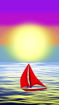 Animated sailboat with red sails bobbing on the waves against the backdrop of sunrise. Colorful sky and calm sea.