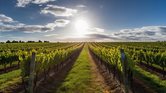 Scenic Vineyard Rows Basking in Warm Sunlight with Blue Sky
