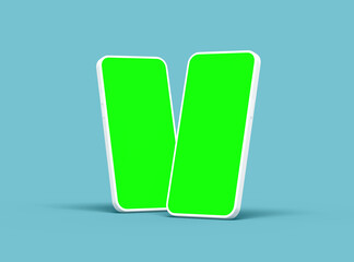 Two white Unbranded Smartphone with green screens that can be easily changed. Design for UI/UX Product Showcase. 3D Render