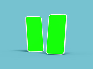 Two white Unbranded Smartphone with green screens that can be easily changed. Design for UI/UX Product Showcase. 3D Render