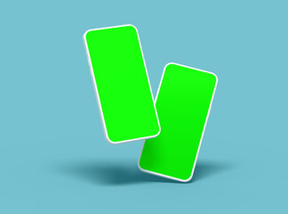 Two white Unbranded Smartphone with green screens that can be easily changed. Design for UI/UX Product Showcase. 3D Render