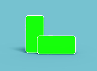 Two white Unbranded Smartphone with green screens that can be easily changed. Design for UI/UX Product Showcase. 3D Render