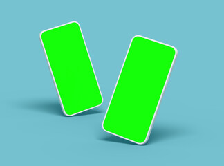 Two white Unbranded Smartphone with green screens that can be easily changed. Design for UI/UX Product Showcase. 3D Render