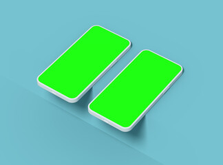 Two white Unbranded Smartphone with green screens that can be easily changed. Design for UI/UX Product Showcase. 3D Render