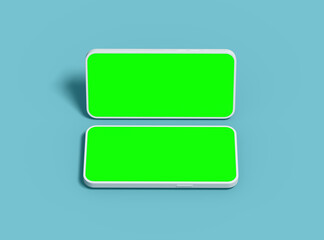 Two white Unbranded Smartphone with green screens that can be easily changed. Design for UI/UX Product Showcase. 3D Render