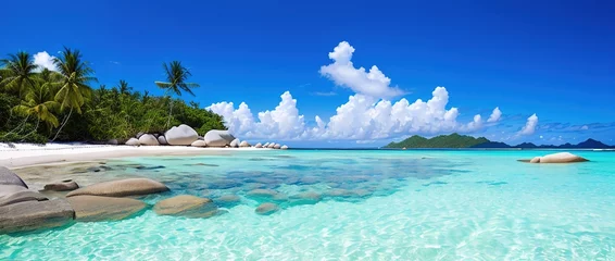 Crédence de cuisine en verre imprimé Bleu clair Paradise beach of a tropical island, palm trees, white sand, azure water, Generative AI.