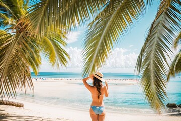 A young woman relaxes on the shore of a tropical island under palm trees. Generative AI.