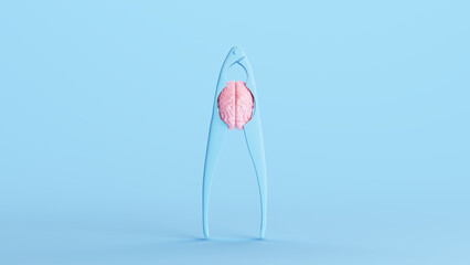 Pink Human Brain in a Nutcracker Mental Pressure Stress Health Awareness Depression Mind Blue Background 3d illustration render digital rendering