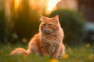Naklejka na ściany i meble Fluffy red cat sits in the grass outdoor. Generative AI.