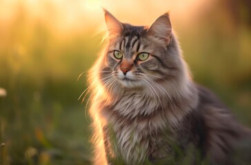 Portrait of a fluffy gray cat outdoor. Generative AI.