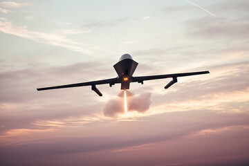 Combat drone in the sky on a mission, an unmanned aerial vehicle launches missiles at a target, Generative AI.