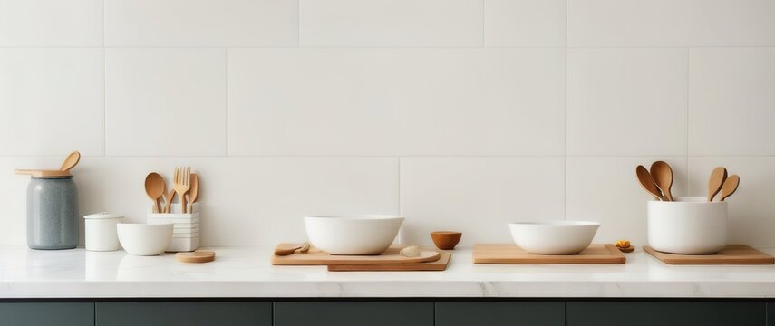 Close view on bright kitchen room interior with white wall , Generative AI. © Budjak Studio