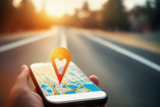Map GPS navigation, Smartphone map application and location pin place marker pinpoint on screen, Generative AI