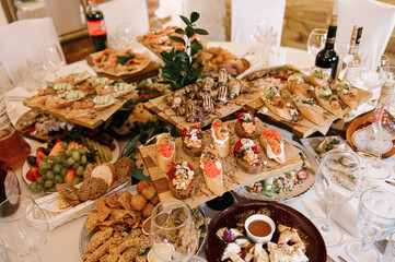 A set of Italian snacks for a buffet. A variety of cheeses, cold cuts bruschetta, pickled cucumbers, tomatoes on a wooden background