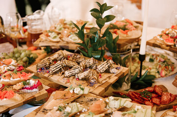 A set of Italian snacks for a buffet. A variety of cheeses, cold cuts bruschetta, pickled cucumbers, tomatoes on a wooden background