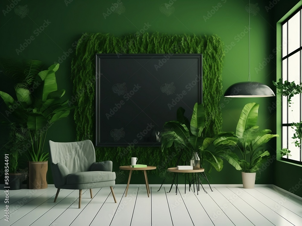 Wall mural a green living room with a frame hanging on a wall. Generative AI.