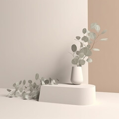 Abstract empty white podium with eucalyptus leaves on beige background. image created with AI. Mockup for items