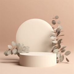 Abstract empty white podium with eucalyptus leaves on brown background. image created by AI. Mock-up for things, Subject photo session