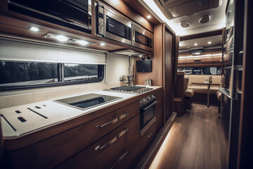 Cozy interior in the trailer of mobile home, generative ai