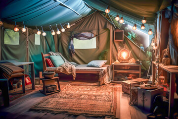 Luxurious interior of spacious camping tent with cozy beds near carpet and potted plants, generative ai