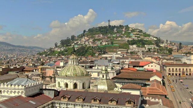 Aerial footage of the beautiful colonial city of Quito in Ecuador showing the historical buildings