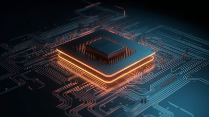 Micro CPU on circuit board with red lighting 3D. Generative Ai.