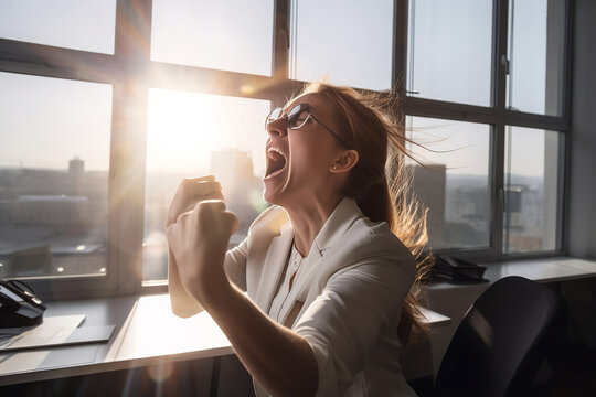 Long blonde hair angry  business woman shouting inside near window building with sun flare in background, a female worker is thrilled with victory,  generative ai