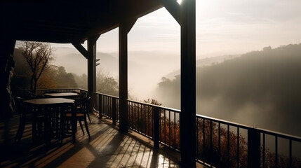Restaurant balcony corner mountain view thick foggy clouds. Generative Ai.
