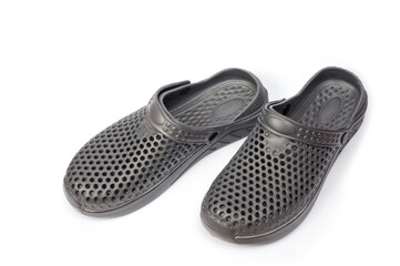 Rubber slippers of gray color men's large size with a folding back.