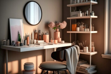 Dressing table with cosmetics for makeup. Super photo realistic background, generative ai illustration