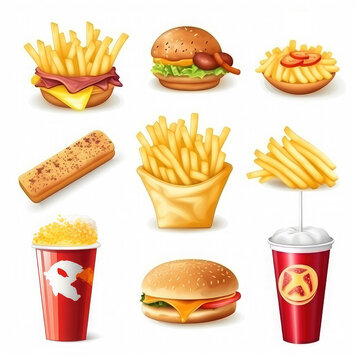 A set of fast food pictures. Hamburgers, drinks, hotdogs.