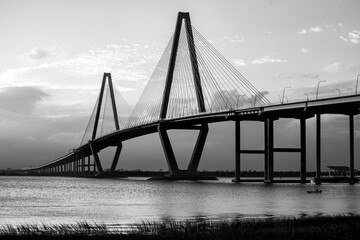 Greyscale shot of the Arthur Ravenel Jr Bridge in Charleston, Mount Pleasant