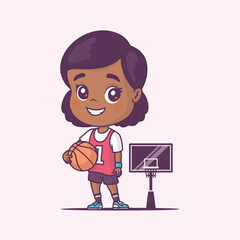 Little girl, African American female basket player holding a ball vector cartoon illustration in chibi style