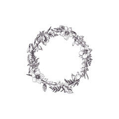 Floral wreath. Wedding invitation. Spring flowers. Botanical illustration. Black and white. © Lisla