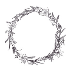 Floral wreath. Wedding invitation. Spring flowers. Botanical illustration. Anemone, Muscari, Snowdrop, Lily of the Valley, Blue Bellflower. Black and white.
