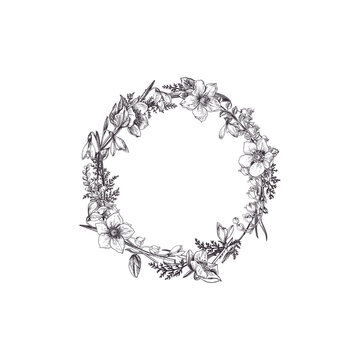 Floral wreath. Wedding invitation. Spring flowers. Botanical illustration. Black and white.