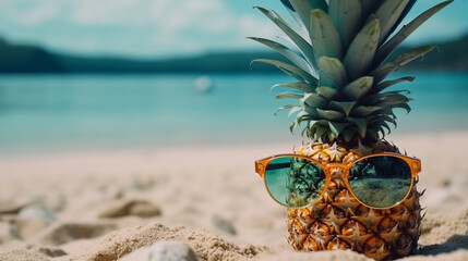 Attractive ripe pineapple and sun glasses on sand against turquoise water. Tropical summer vacation concept. Generative AI.