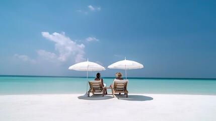 Obraz premium two women on resort sunbeds on sandy beach, luxury resort, beautiful turquoise water, sunny warm paradise. Generative Ai