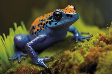Close-up of Tinctorius Azureus Poison Dart Frog on Moss, Generative Ai