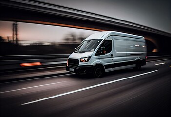 Fototapeta na wymiar Fast white courier van on motorway. Generative AI