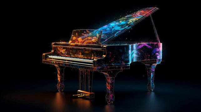 Beautiful fantasy piano isolated on dark background. Generative AI.