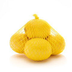 Lemons in Plastic Net Isolated on  White Background  

