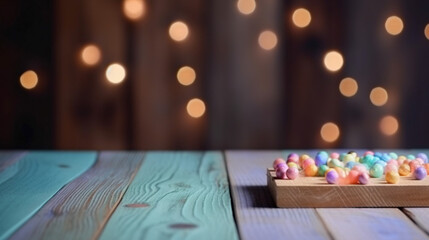 Bokeh background image foreground of an old wooden table, out of focus, ready for editing for product display. generative ai.