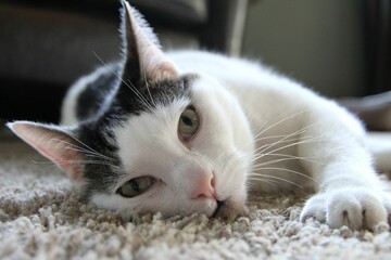 Closeup shot of a white cat laying on a carpet in an apartment