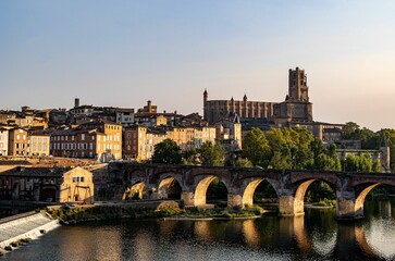 Beautiful view of the French city of Albi with the river in the foreground and the Cathedral