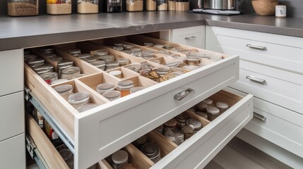 Spice rack and jars in kitchen drawers with wooden cabinets. Generative AI.